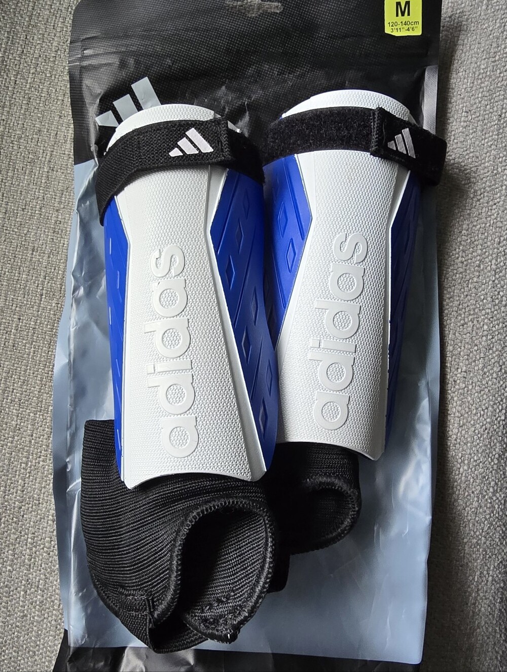 adidas White and Blue Kid's Shin Soccer Guards with Black Ankle Sleeves